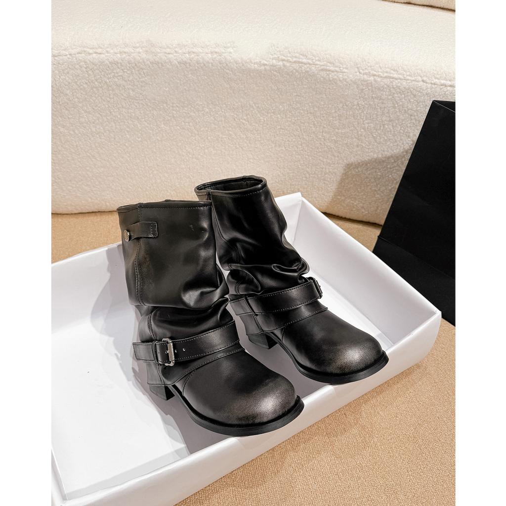 New Spot Wasteland Style Trendy Spice Girls Pants Pants Boots Pleated Buckle Band Thick Heel Short Boots Women's Vintage British Western Cattle