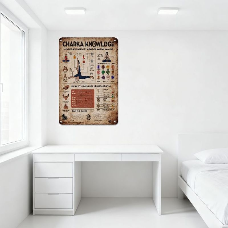 Vintage Chakra Knowledge Metal Tin Sign, Yoga Mudras Mantras Balancing Art Wall Decor, Rustic Old School Aesthetic for Home Offi