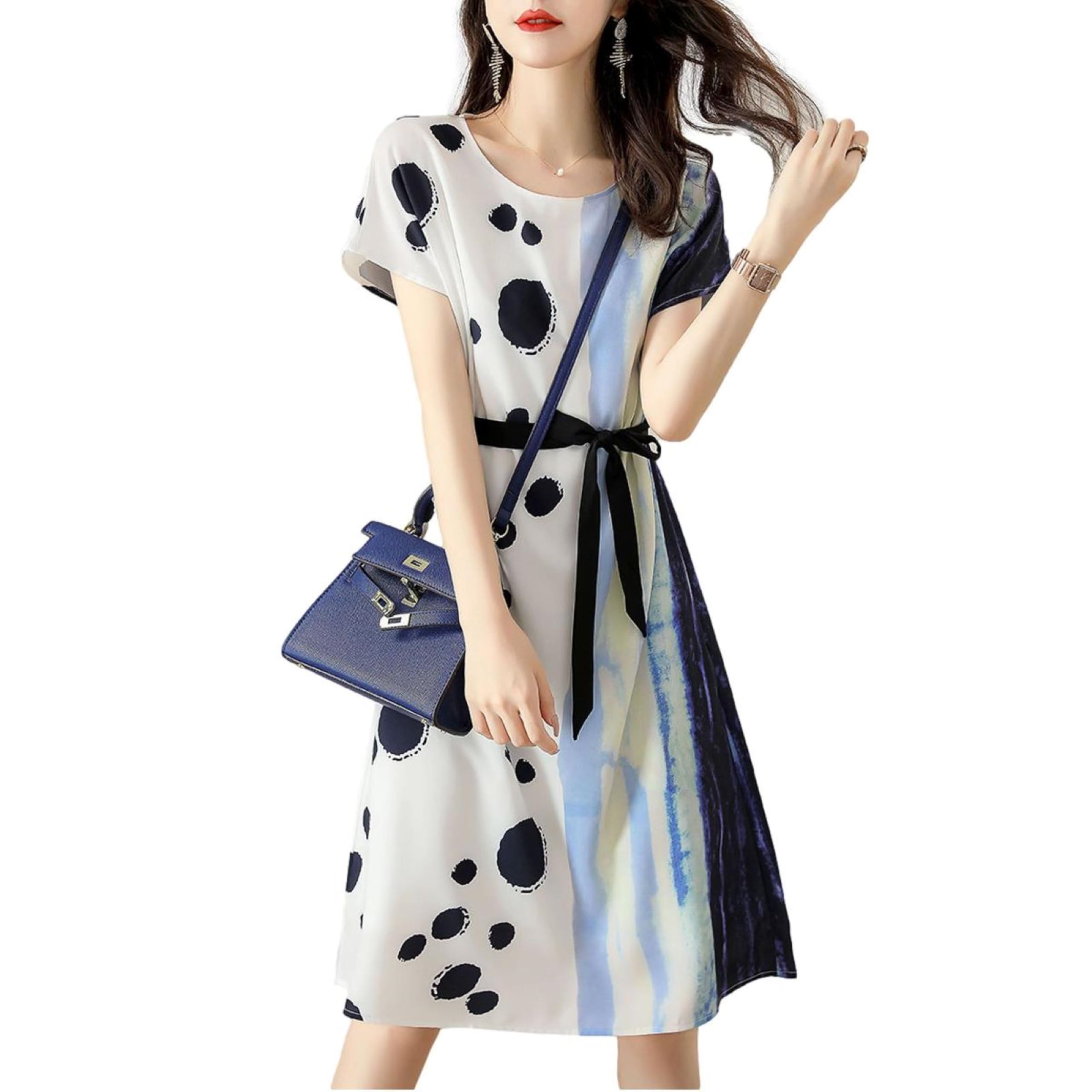 

Art pattern dress with waist midi elastic polka medium everyday easy French long loose sash patterned good cool butt looks looks neat [J-Scott] білий