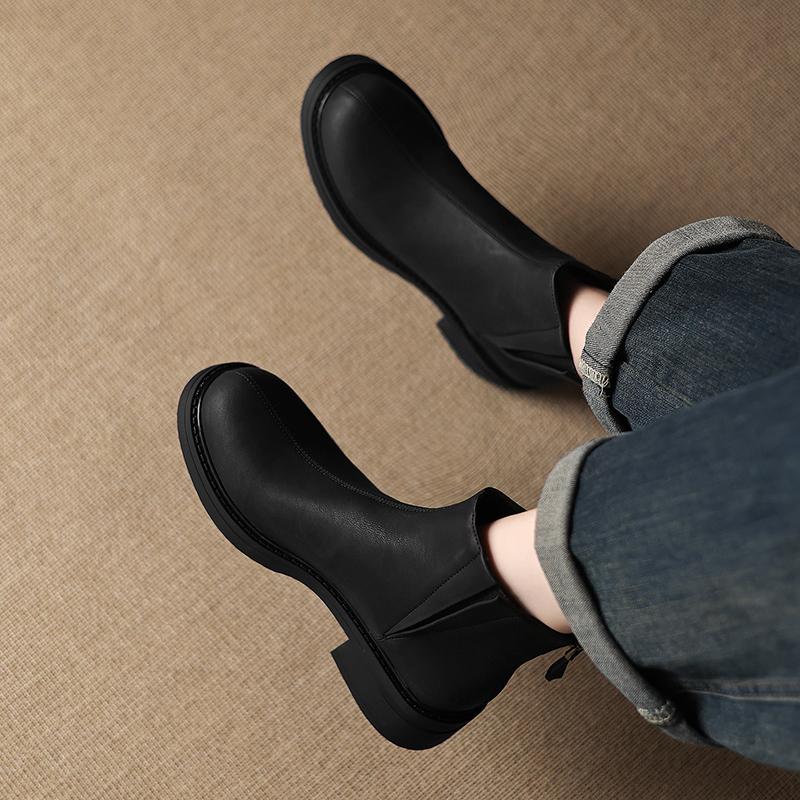 Fashion 2025 NEW Autumn Women Boots Split Leather Women Shoes Round Toe Chunky Heel Shoes Chelsea Boots Daily Shoes Platform Short Boots