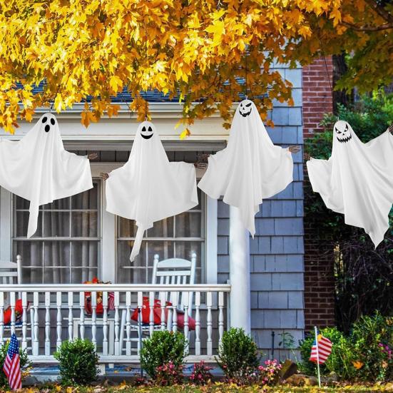 4Pcs Halloween Horror Ghost Hanging Decorations with Skeleton Hands Thriller Expressions Creepy Yard Ornaments for Front Porch And Tree