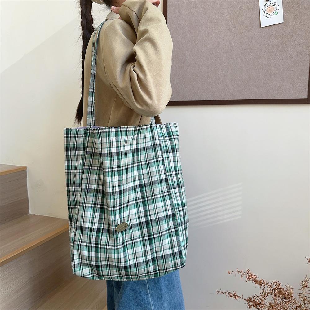 Large Capacity, Minimalist, Single Shoulder Checkered Bag, Lightweight, Commuting Canvas Bag, Double-sided, Dual-use Tote Bag