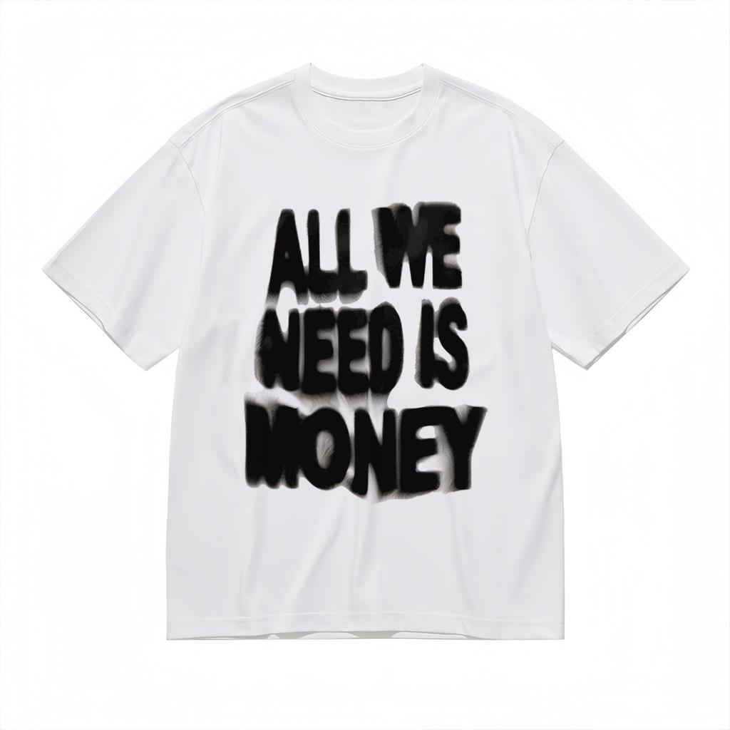 Men's and Women's Retro Loose T-shirts "All We Need Is Money" Print Pattern White and Black Casual Street Style