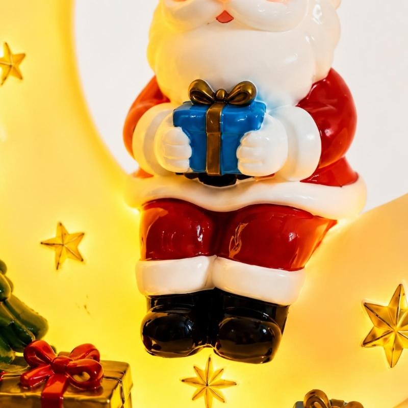 Curved Moon Santa Christmas Decoration with Warm LED Light, Seasonal Tree and Gift Figures, Plus USB Power for Indoor Desk, Shelf and Window Displays