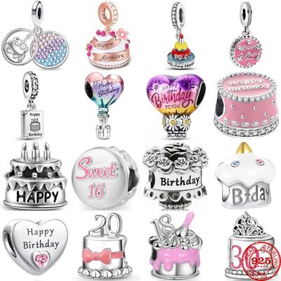 Nowe srebro próby 925, Happy Birthday Cake, balon na gorące powietrze, zawieszki, koraliki, oryginalna bransoletka DIY, modna biżuteria dla kobiet