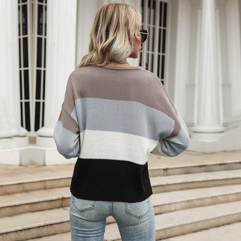 Vintage Fashion Elegant Casual Autumn and Winter Women's Colorblocking Long-sleeved Sweater Outside The Female