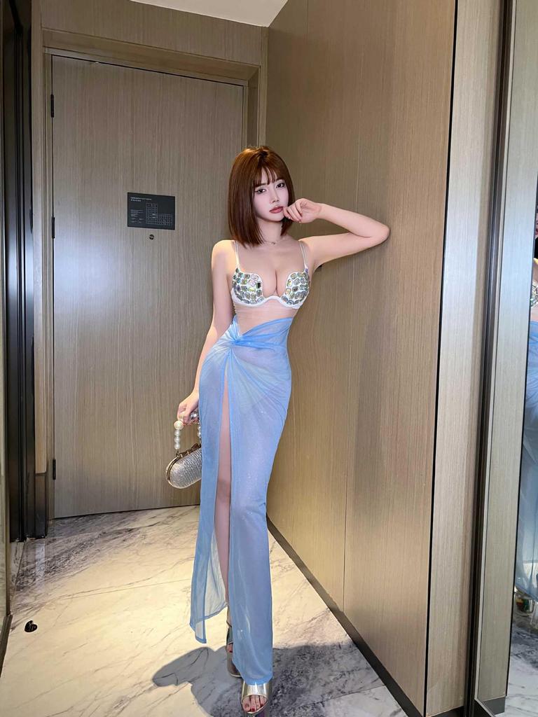 Sexy Mesh Long Dress with U-Cup Push-Up Lingerie - See-Through Nightclub Technician Uniform