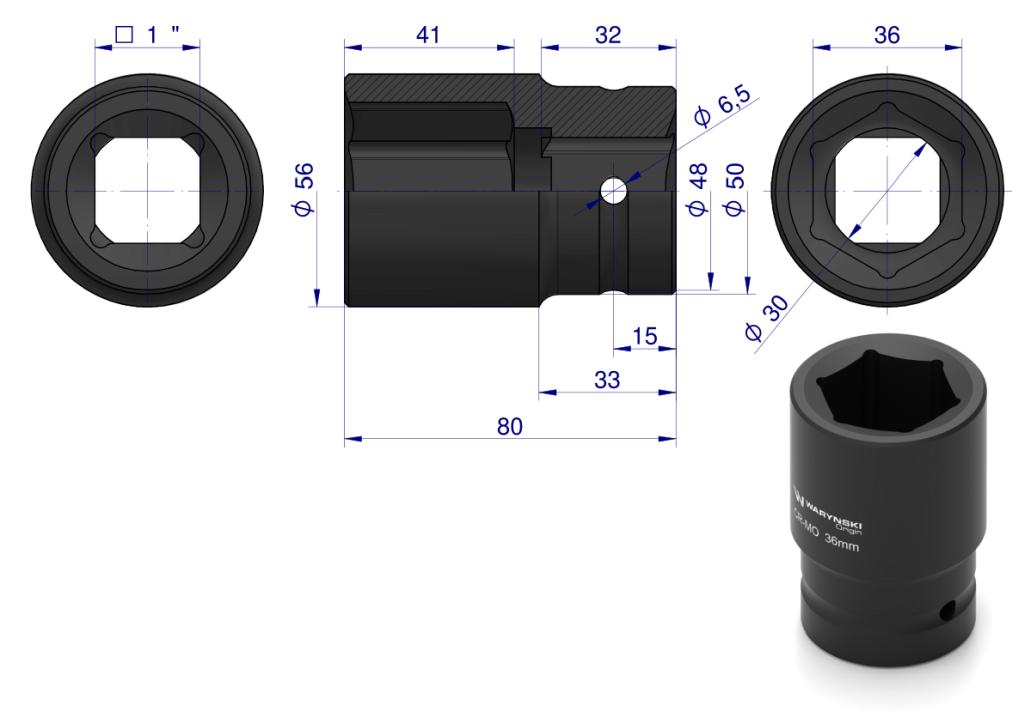 Nasadka Udarowa Sześciokątna 1"Długa. 36 Mm. Crmo. Din 3129 Waryński