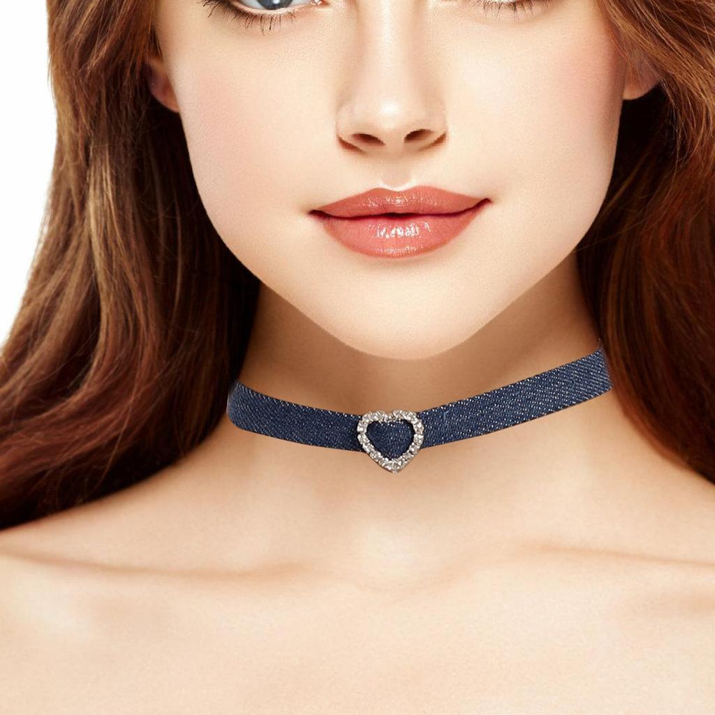 Fashionable Denims Fabric Choker Necklace for Women Adjustable Clavicle Chain Rhinestones Charm Necklace Accessory