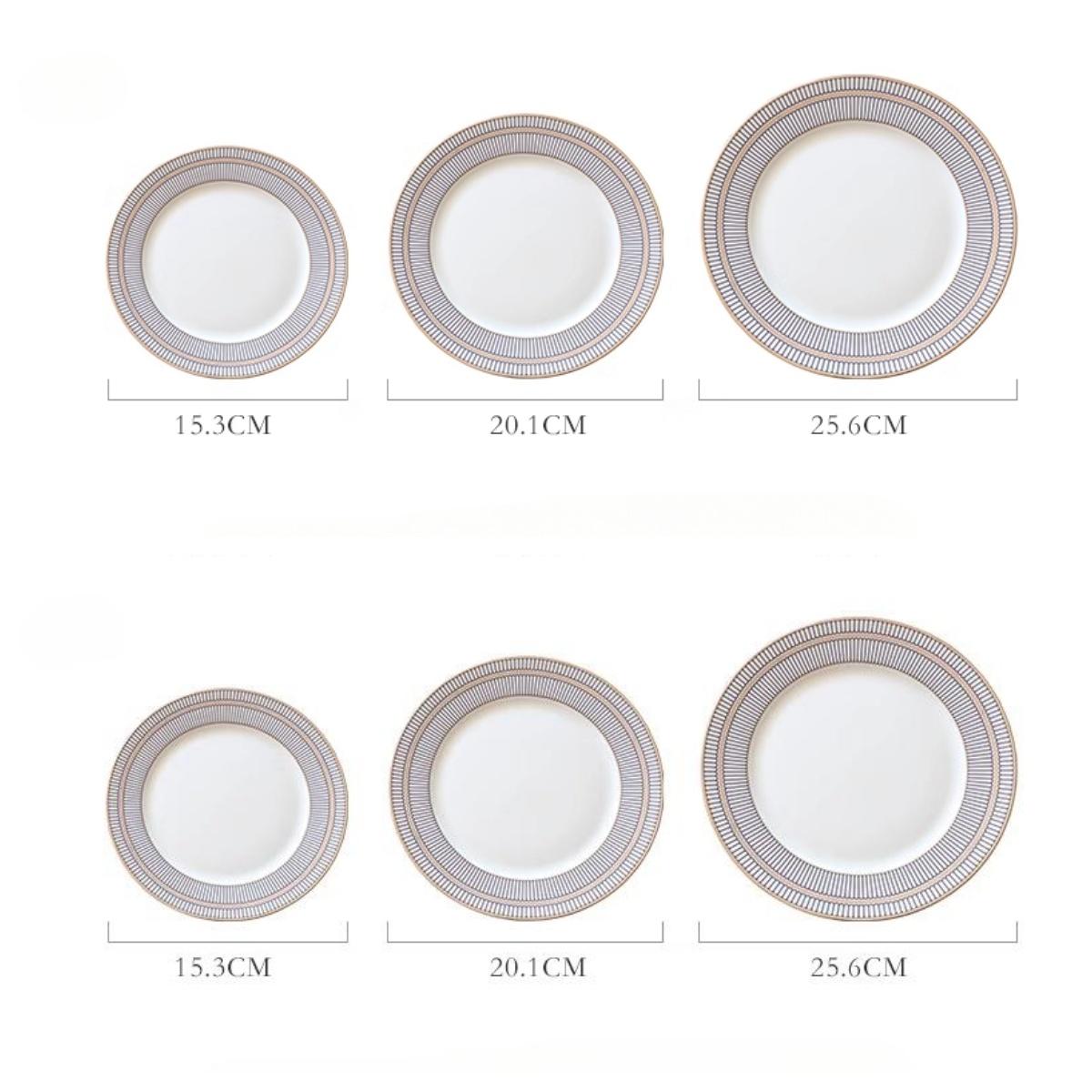 

Наборы обеденных тарелок из тонкого костяного фарфора, Посуда в стиле легкой роскоши с полосатым узором и позолоченным краем, Фарфоровая столовая посуда Круглый набор из 6