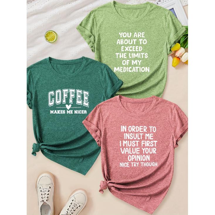 Women's Fashionable Elegant Style Simple Heart Fresh Letter Combination Gift Print Pattern Round Neck3Short-sleeved Shirt T Shirts for Women In