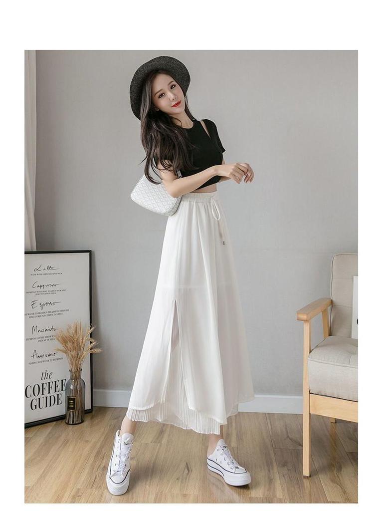 Chiffon High-Waisted Black Wide-Leg Cropped Pants for Women - Korean Style, Loose Fit, Slimming.