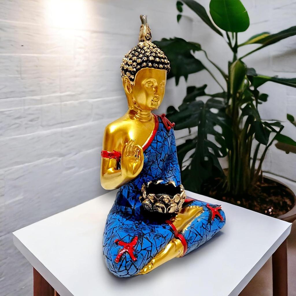 Meditating Sitting Buddha Idol Statue with Tealight Candle Holder Resin