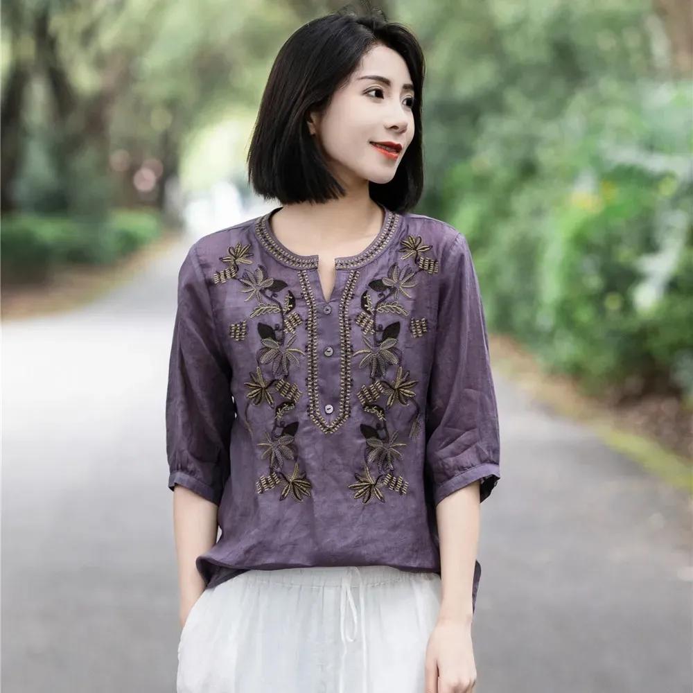 

Женская летняя ретро-вышитая футболка с V-образным вырезом, свободная литературная хлопковая и льняная дышащая рубашка больших размеров XL фиолетовый