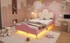 Upholstered Bed, Children's Bed, with Soft Protective Edges, Monochrome LED Strip, Headboard with Crown, Single Bed, PU, Pink+White, 90x200CM
