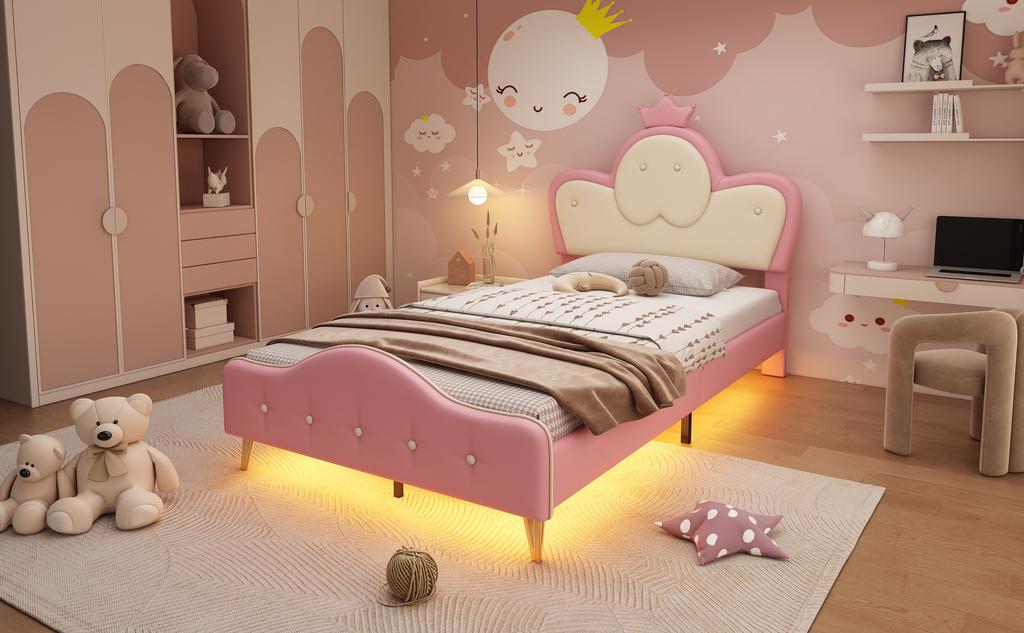 Upholstered Bed, Children's Bed, with Soft Protective Edges, Monochrome LED Strip, Headboard with Crown, Single Bed, PU, Pink+White, 90x200CM
