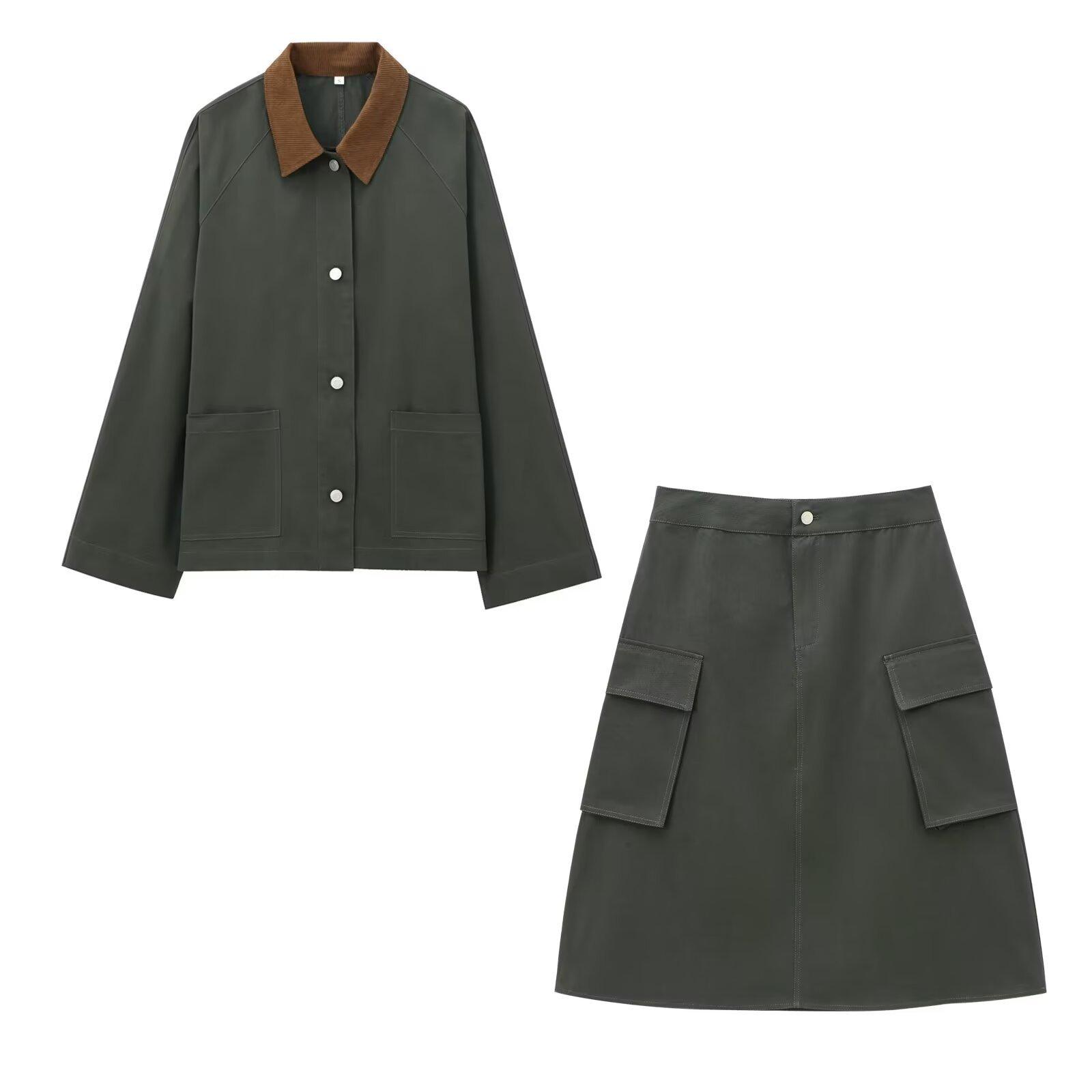 

European/American Style Women s Corduroy Collar Waxed Jacket & Mid-Waist Workwear Skirt Set S