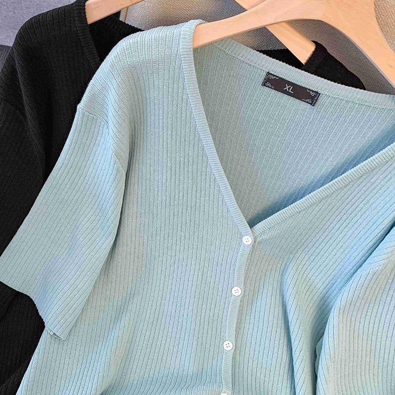 Plus Size Women V Neck Short Sleeve Slim Fit Knit Casual Cardigan Top