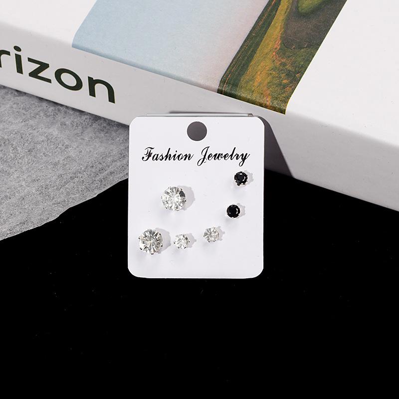 Simple Geometric Diamond-Set Earrings Set 3 Pairs Of Black And White Diamond Stud Earrings, Small Goods.