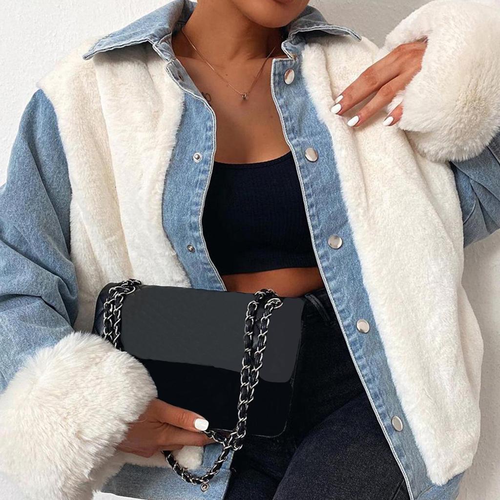 Moda Donna Casual Peluche Patchwork Cardigan Outerwear Giacca di Jeans Cappotto
