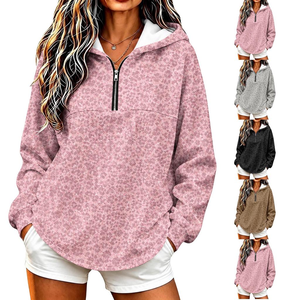 Women's Lightweight Quarter-Zip Hoodie Leopard Print Pullover Sweatshirt Without Pockets for Casual Wear