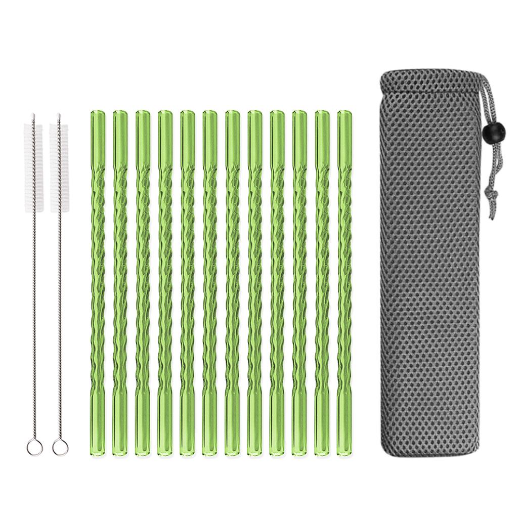 15 PCS Reusable Glass Straws, 8 Inch X 0.3" Thread Pattern Design Colored Drinking Straws, Include 12 Straight Straws, 2 Cleaning Brushes, 1 Bag