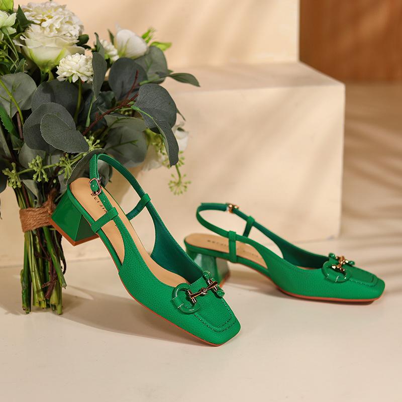 

Туфли-лодочки женские на толстом каблуке, с маленьким квадратным носком, из мягкой кожи с ремешком на пятке, с текстурой личи, на высоком каблуке, на среднем каблуке, из овчины 34 зелёный