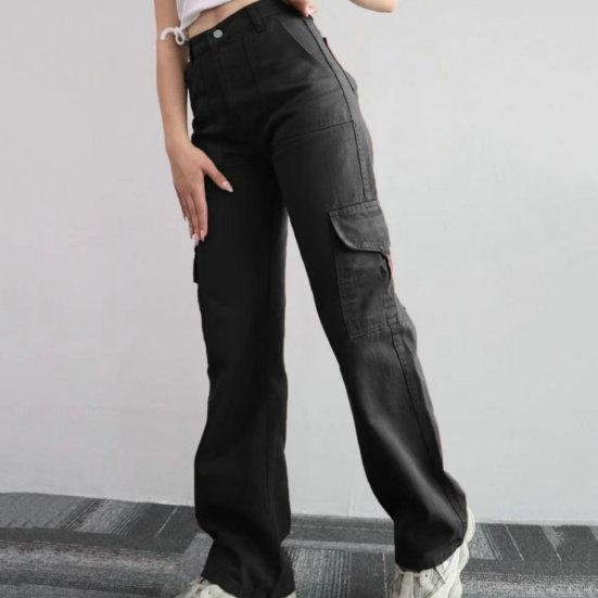 Damen-Cargohose, mittelhoher Bund, Knopfleiste, Reißverschluss, lässige Hose mit mehreren Taschen, gerades Bein, lockere Passform, einfarbig, lange Hose