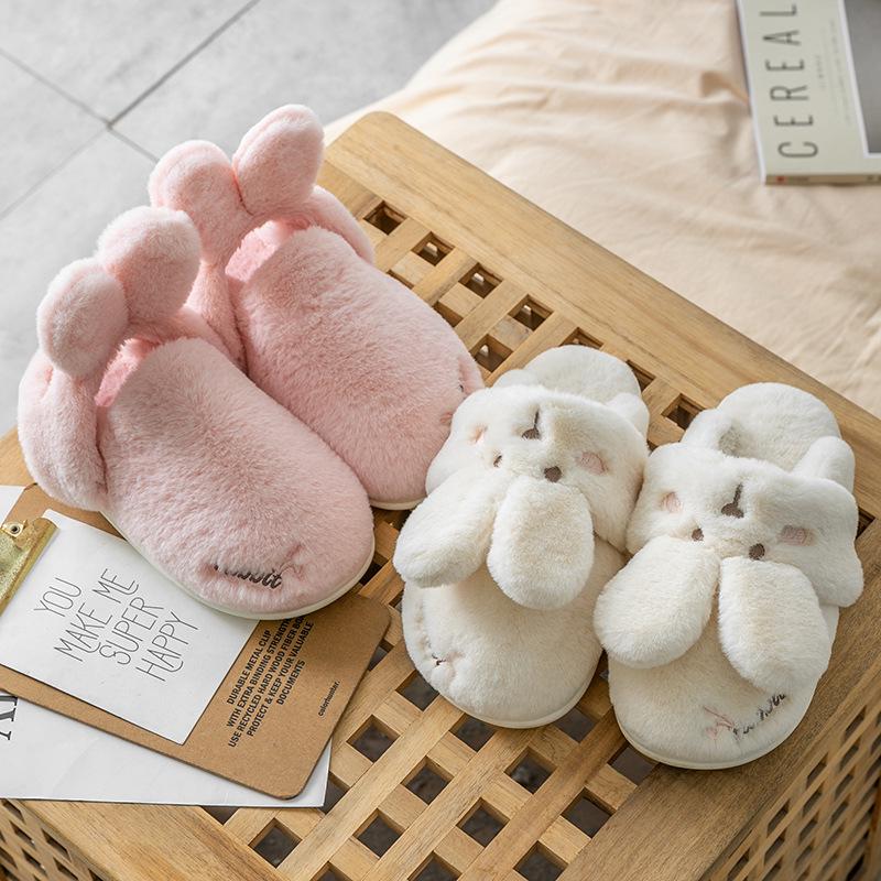 Women's Winter 2026 Cotton Plush Rabbit Fur Slippers - Indoor Home Style