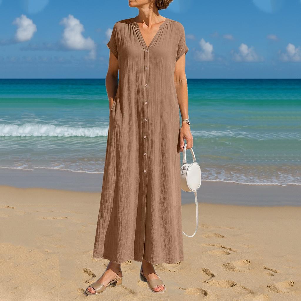 Women's Fashion Loose Solid Color Cotton And Linen V-Neck Pocket Casual Dresses
