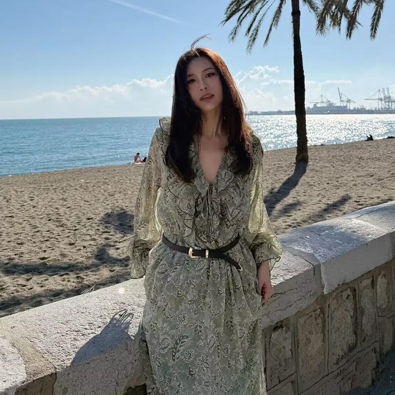 LYRIA Dresses Women's New Chiffon Print V-neck Chic Slim Long Dress Fashion Elegant Holiday Street Women's Dress