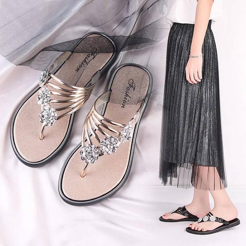 Fashion Women's Silver Biscuit Beach Sandals Flip Flops Floral Hollow Crystal Clip Parker Gold Strap Sandals