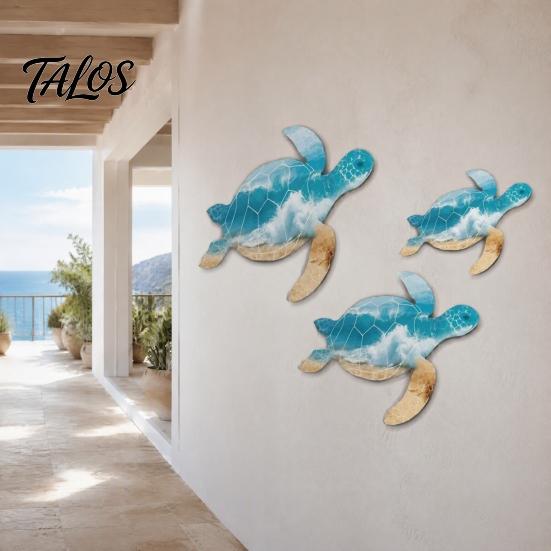 No Drill Wall Art 3Pcs Wooden Turtle Art, Ocean Theme Hanging Ornaments for Bathroom Coastal Resort Living Room Bedroom, Beach Style Decorations with
