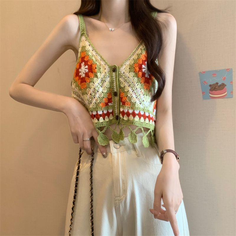 

Короткий топ-топ в этническом стиле с полыми крючками и цветочным принтом, летний облегающий топ one size зелёный