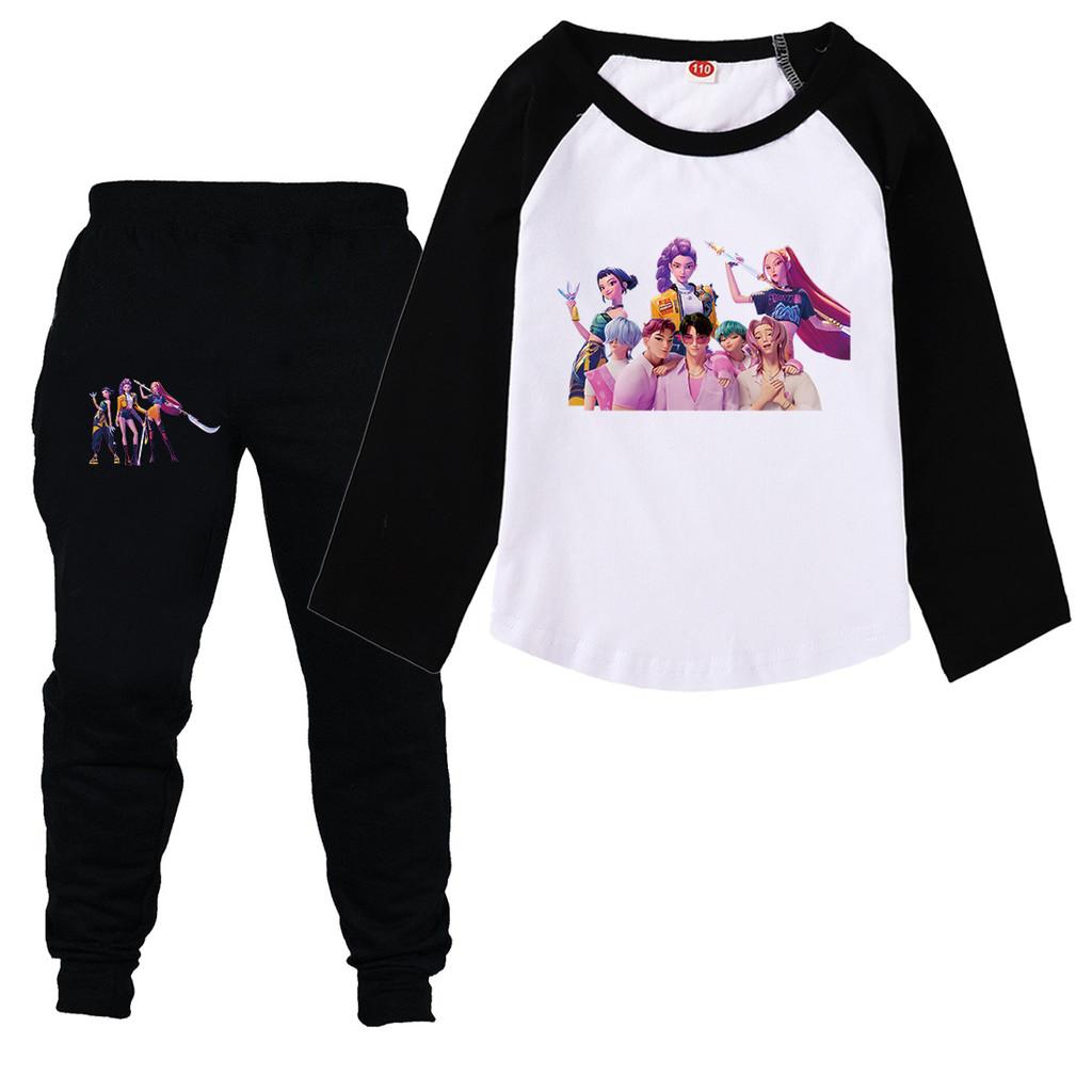 Kids Girls Anime Cartoon K-Pop Rumi Printed Casual Raglan Long Sleeves T-Shirt Pants Clothes Set