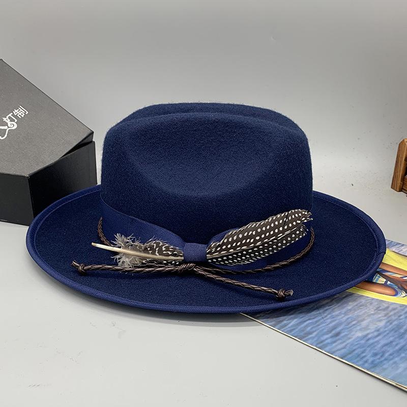Vintage Woolen Top Hat Men'S And Women'S Wide-Brimmed Jazz Hat British Style Feather Decorative Versatile Hat