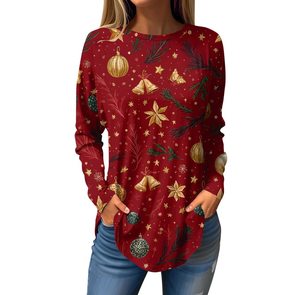 Women's Loose Round Neck Christmas Print Long Sleeve T-Shirt Top Pullover