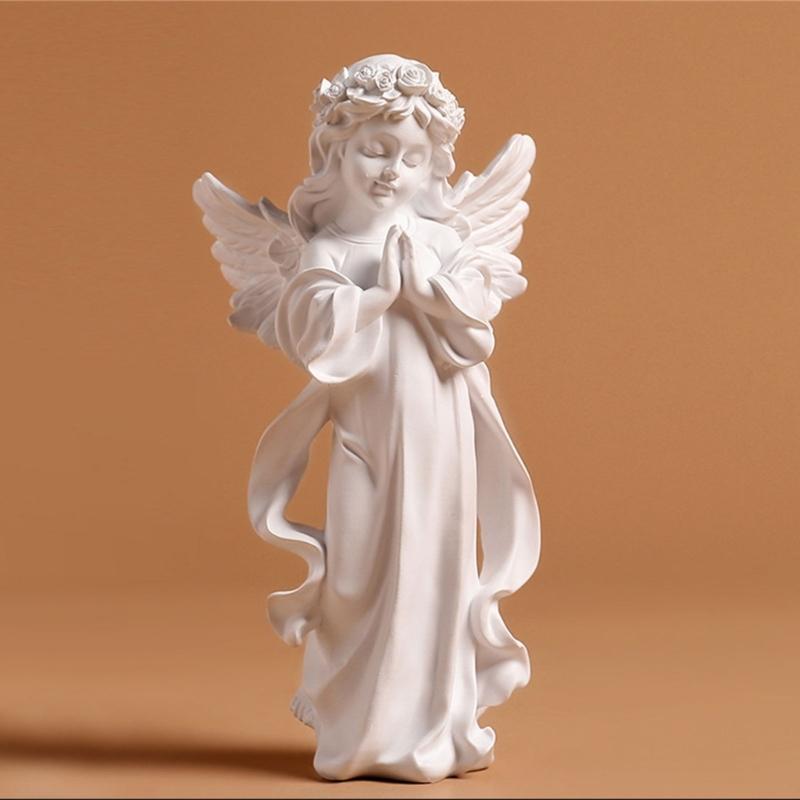 Resins Little Angel Girl Statue Artistic Desk Decors Nordic Styles Praying Cherub Sculpture With Wing Religious Gift