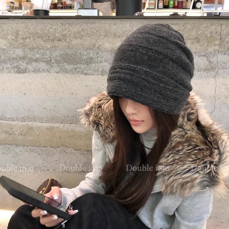 Korean wool knitted wool bald hat women's winter warm pile hat showing face small cold hat