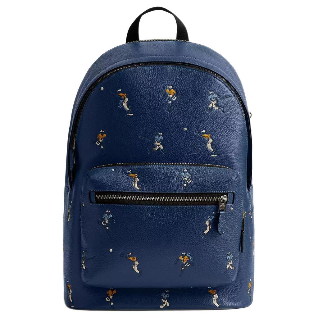 Coach 32 Brand Logo Baseball Print Litchi Grain Leather Backpack Large Men Backpack Blue CAX47-QBRHY