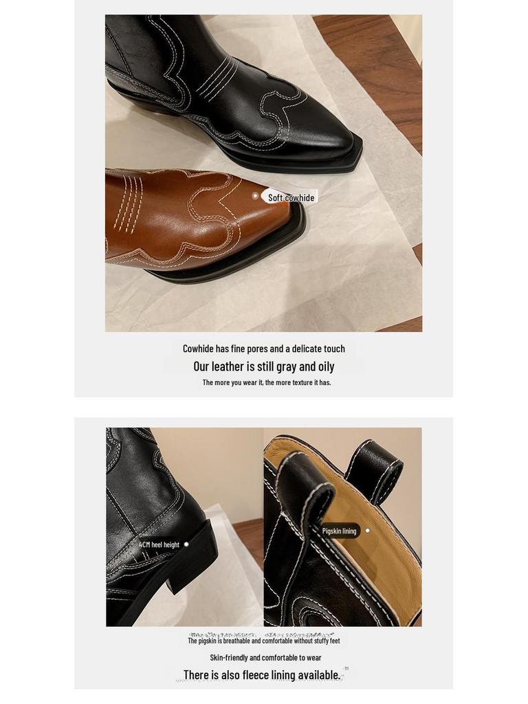 French Black & White V-Neck Embroidered Cowboy Boots, Mi Jie Style, Medium-High Tube, European & American Women's Short Boots