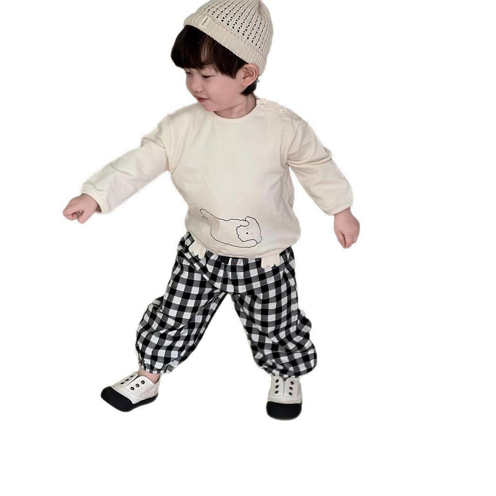 2025 Autumn Kids' Korean Style Boys' Printed Long-Sleeve T-Shirt & Plaid Pants Set