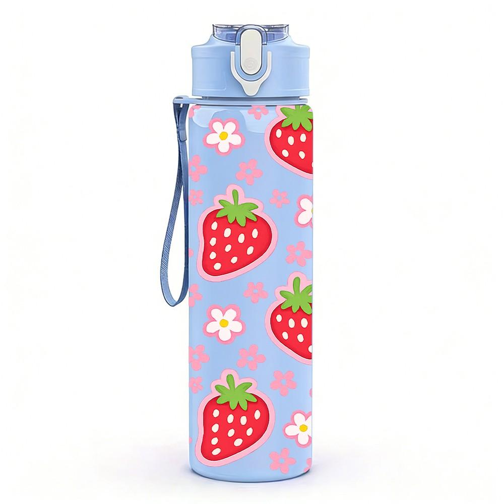 1PC Red Strawberry Fruit Seamless Pattern Print 750ml Color Plastic Sports Water Bottle Leakproof Flip Straw Lid Suitable for Sports Office Home Use
