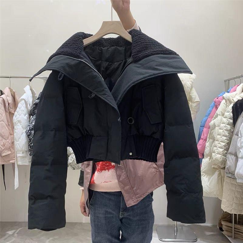 Women's Knitted High Neck Petite Winter Down Jacket - Trendy White Duck Down Streetwear Coat