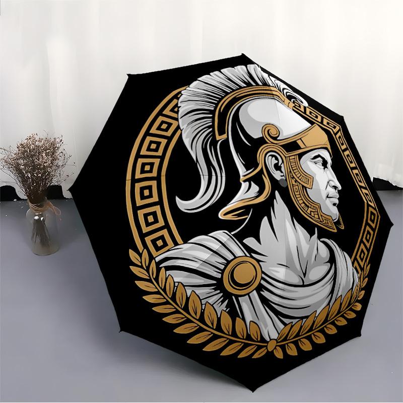1pc Greek Warrior Automatic Folding Umbrella - Windproof Compact Travel Umbrella with Auto Open/Close, 8-Rib Heavy-Duty Shaft for Women/Men A038