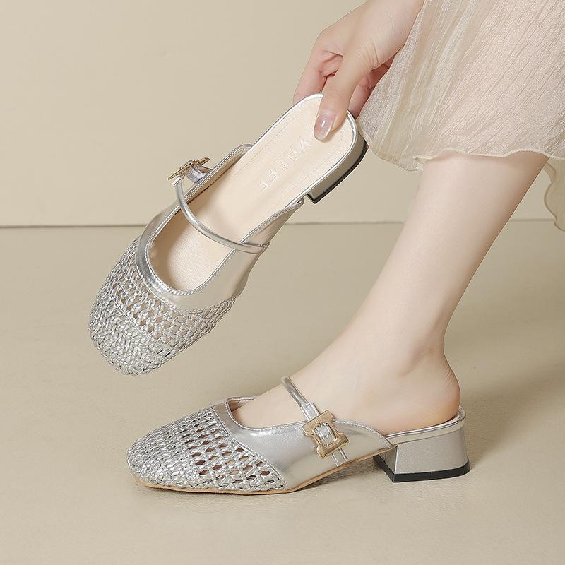 Wear Half Slippers 2025 New Hollow Bag Head Hollow Breathable Low Heel Inner Height Increase Woven Women's Summer High Heel Sandals