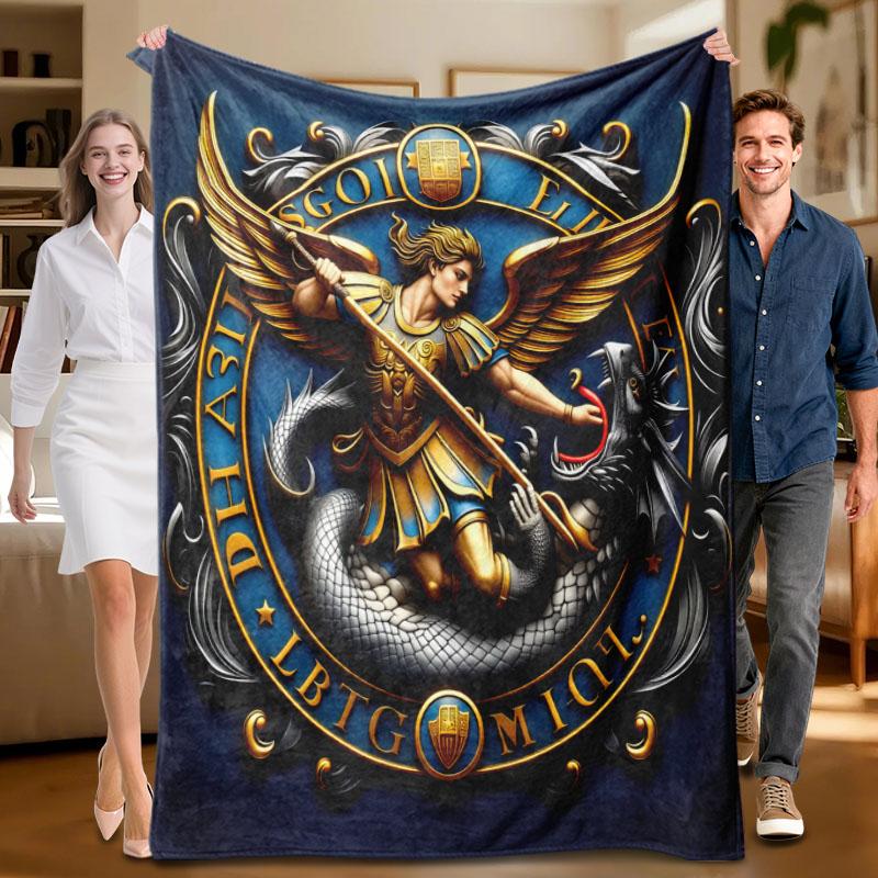 

Mythological angel battling dragon fleece blanket, perfect for sofa, bed, office. Ideal gift for family, friends, holida 70x100cm