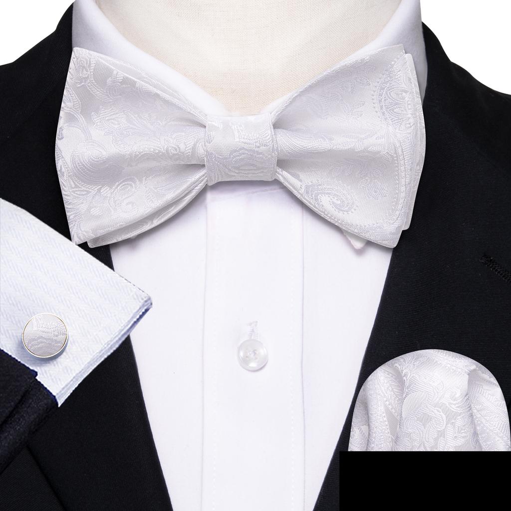 Barry.Wang Herren Fliege Einstecktuch Manschettenknöpfe Schwarz Gelb Elfenbein Schmetterling Fliege Set