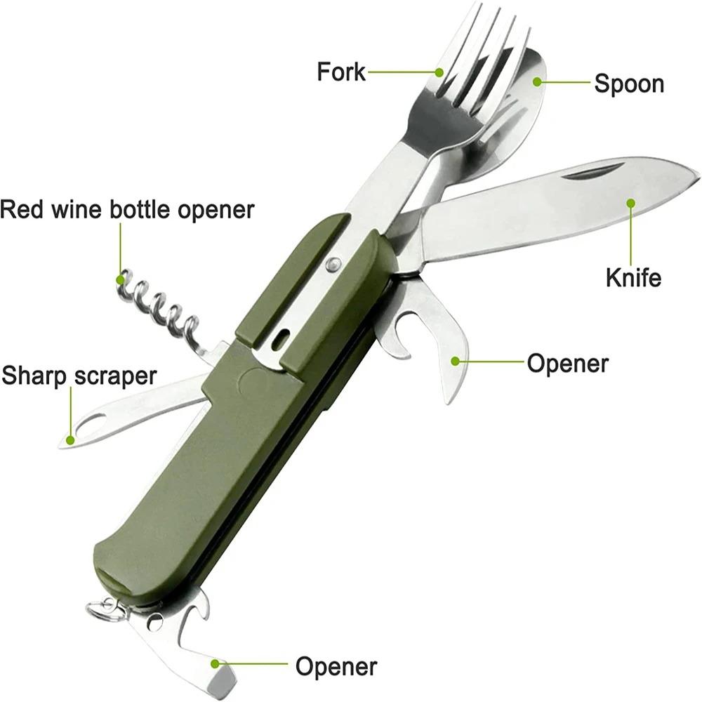 7 In 1 Multifunctional Outdoor Tableware Stainless Steel Foldable Fork Spoon Knife Picnic Camping Hiking Travelling Dinnerware