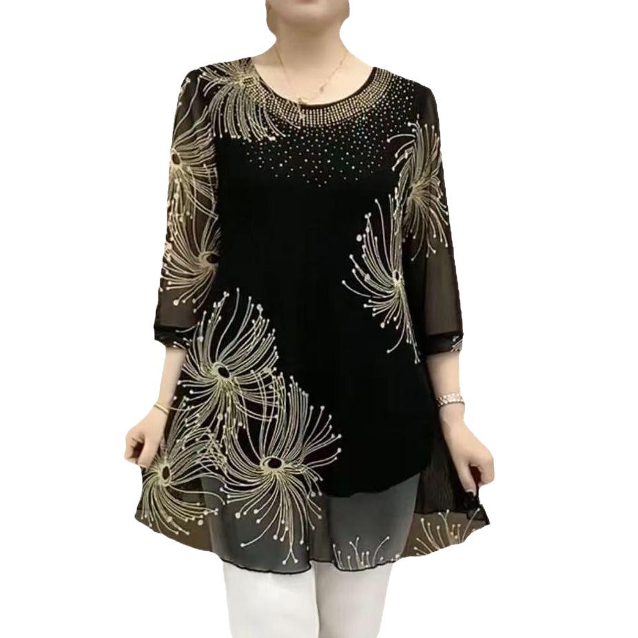 Mom's Plus Size Summer Mesh Print Mid-Length T-shirt